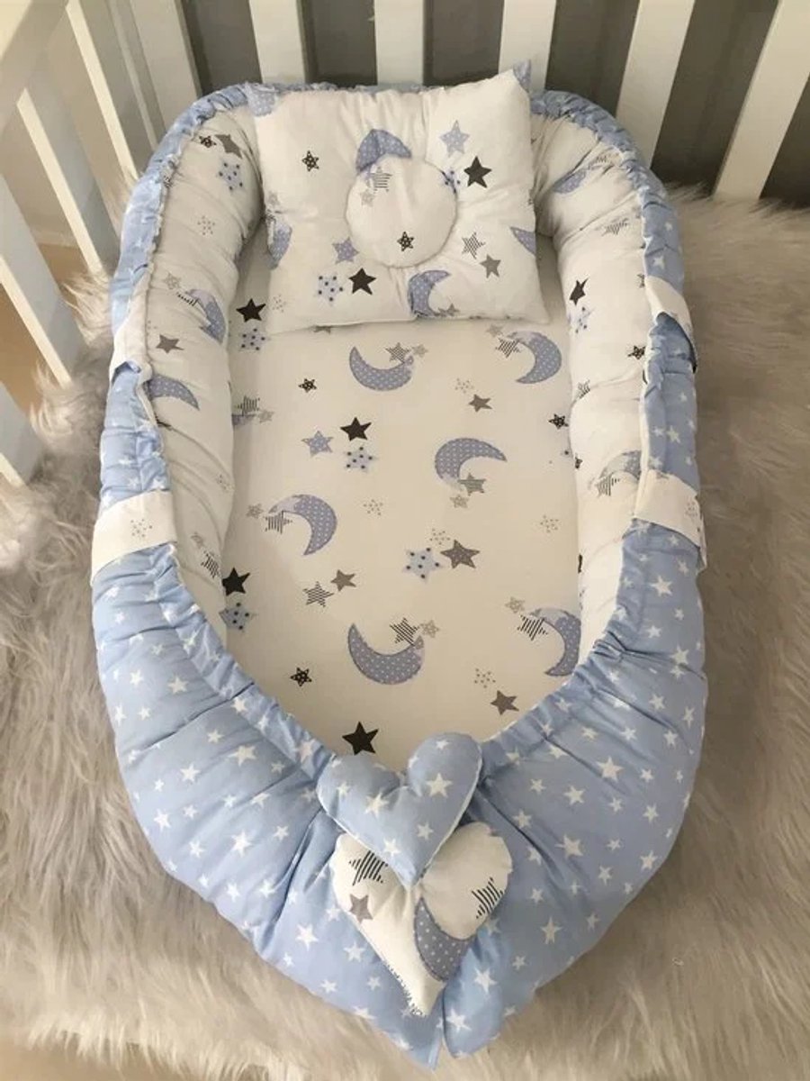 Bol.com SNS Baby - Babynestje en Hoofdkussen - Organische Katoen - Antibacterieel Babynestje - Anti-Allergisch Babynestje - Blue... aanbieding