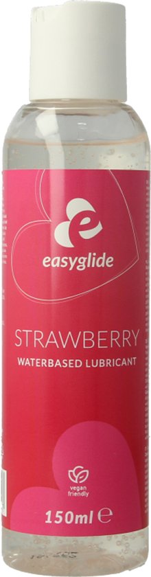Flesje EasyGlide aardbei glijmiddel op waterbasis, met een roze label en de tekst '150ml e'.