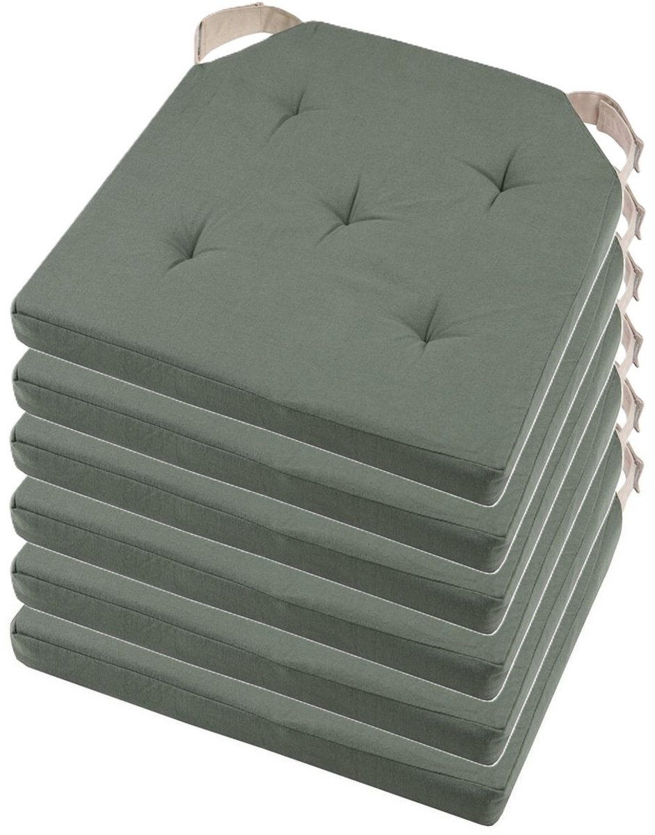 Stof Textile stoelkussen DUO - 6x - groen - 38 x 38 x 4 cm - klittenband sluiting - zitkussens - binnen/buiten