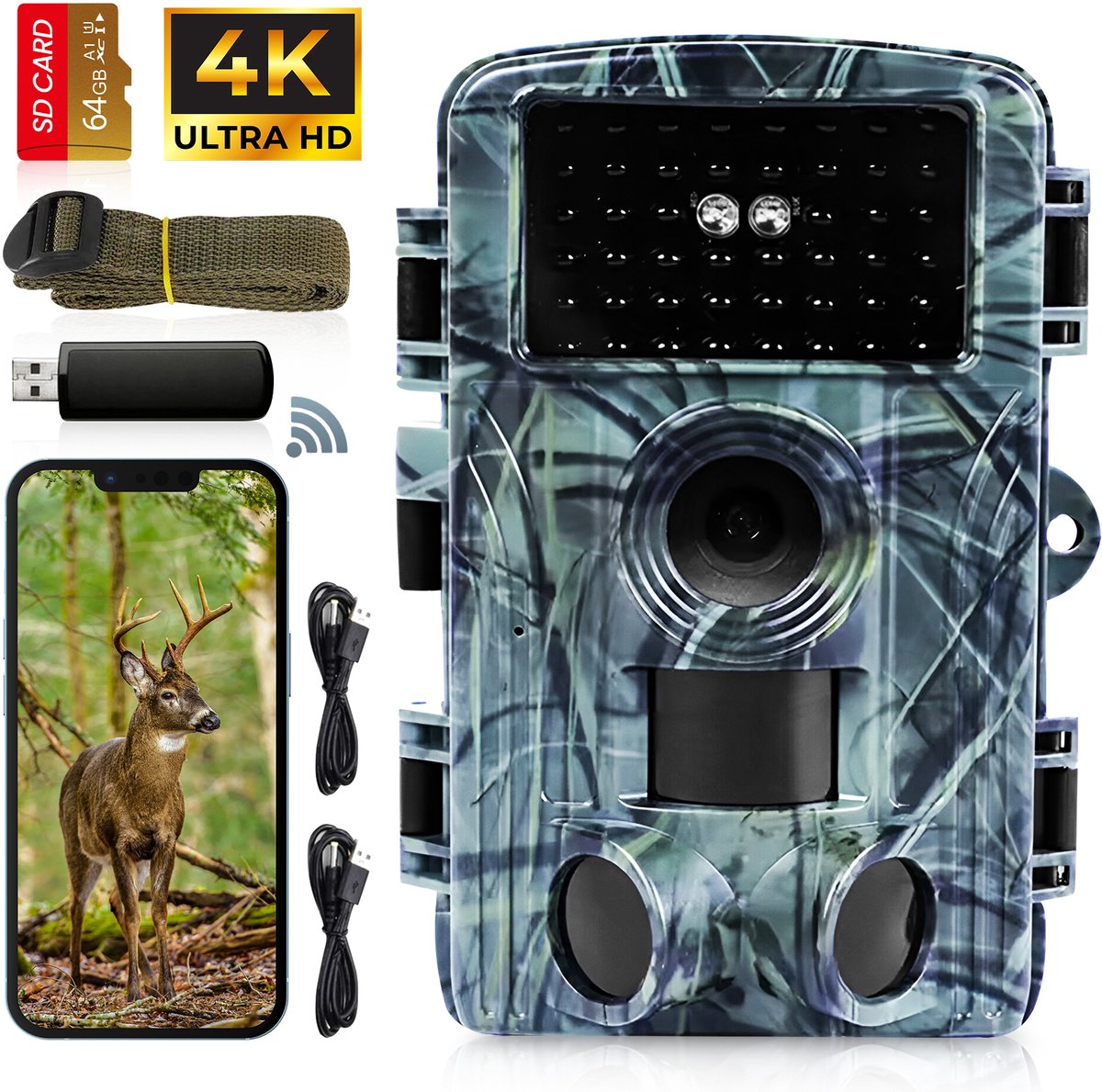 Frasco Professionele Wildcamera met Nachtzicht - 4K Ultra HD & 60MP - Met WiFi & App - Incl. 64GB SD kaart - Wildlife - Waterdicht