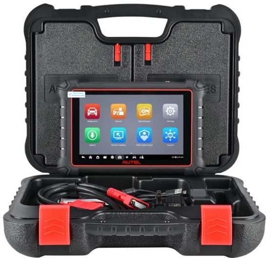Autel MaxiCOM MK900 diagnose tablet in een open koffer, met accessoires zoals kabels en rode aansluitingen.