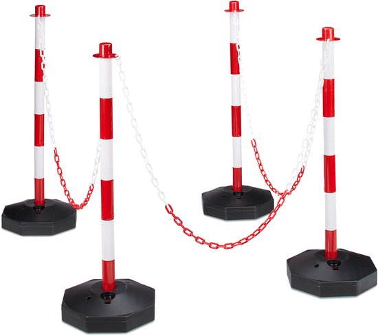 poteau de barrière relaxdays, chaîne de barrière, en PE, poteaux de barrière rouge-blanc Pack de 4