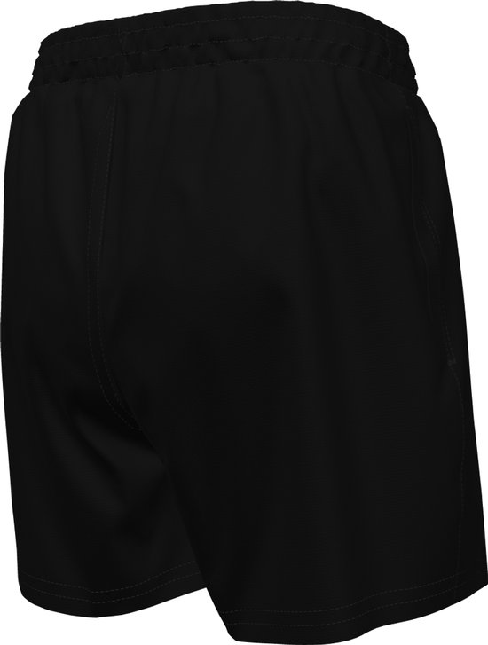 Zwarte zwembroek met elastische tailleband en trekkoord, achterkant.