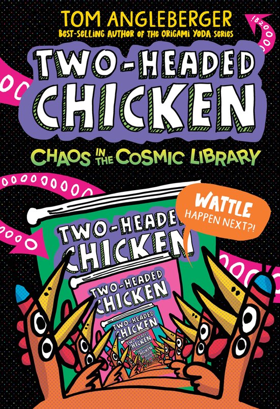 Boekillustratie met een oranje kip met twee koppen, een titel met paarse letters en de tekst 'Chaos in de kosmische bibliotheek'.