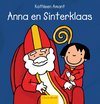 Boekcover met Sinterklaas in rode en gouden kleding, zittend in een rode troon, met een lachend kind ernaast met een staf.