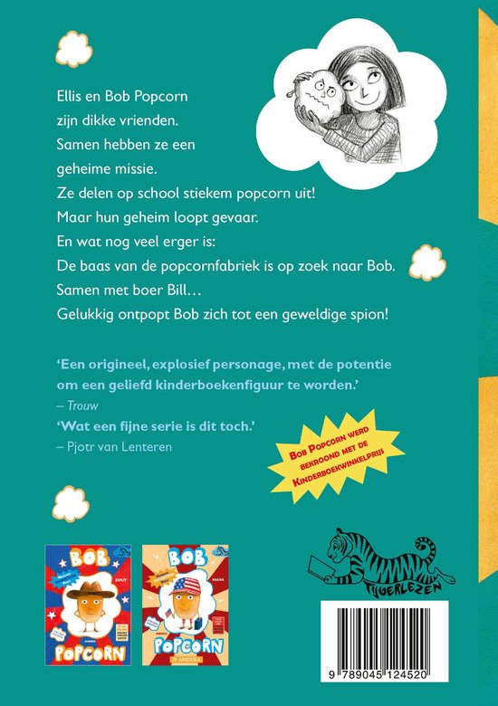 De achterkant van een kinderboek met tekst en illustraties van Bob Popcorn en Ellis.