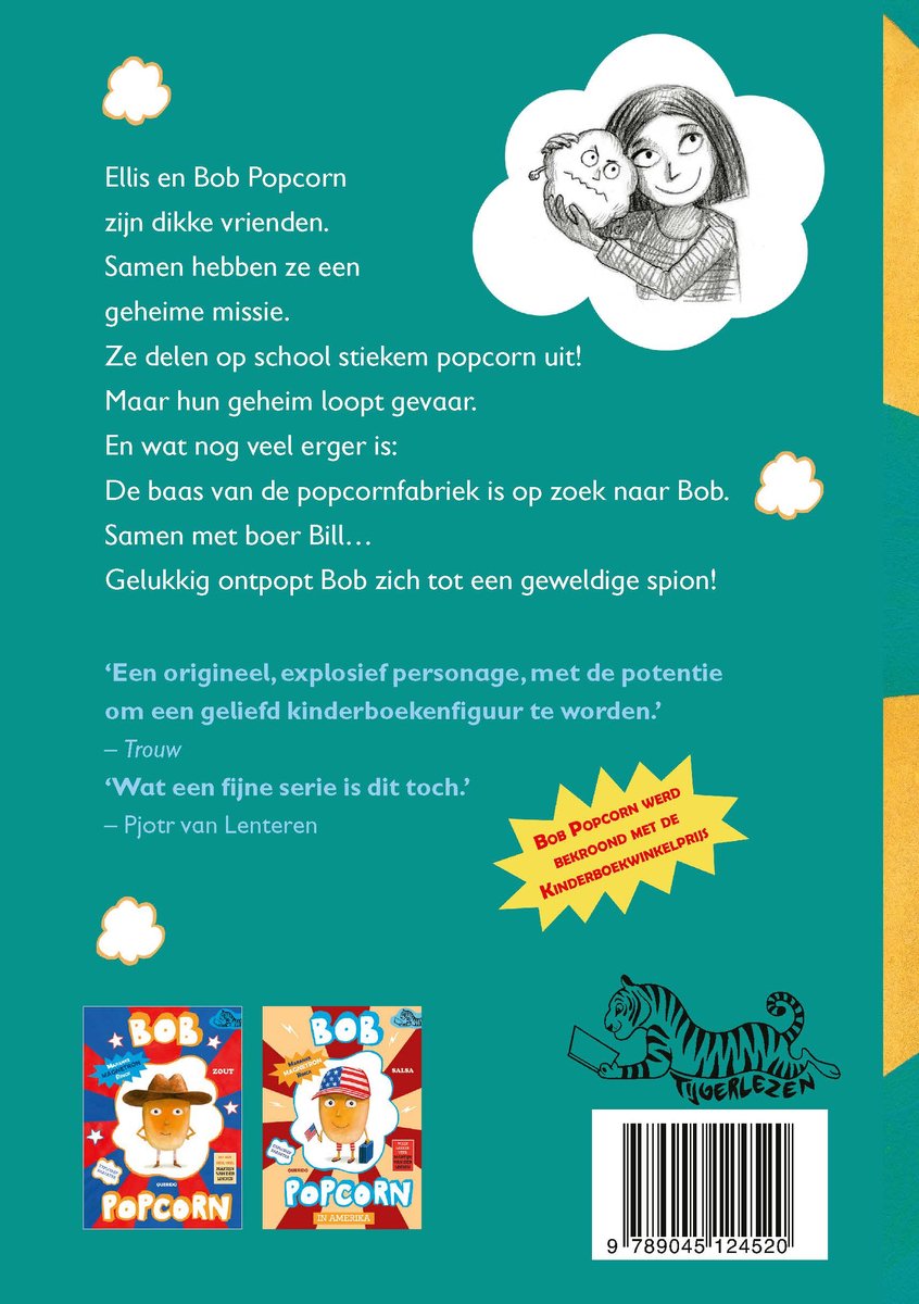 De achterkant van een kinderboek met tekst en illustraties van Bob Popcorn en Ellis.