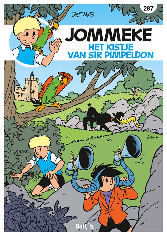 Jommeke 287, Het kistje van Sir Pimpeldon. Twee jongens, twee papegaaien en een hond in een bosrijk gebied.