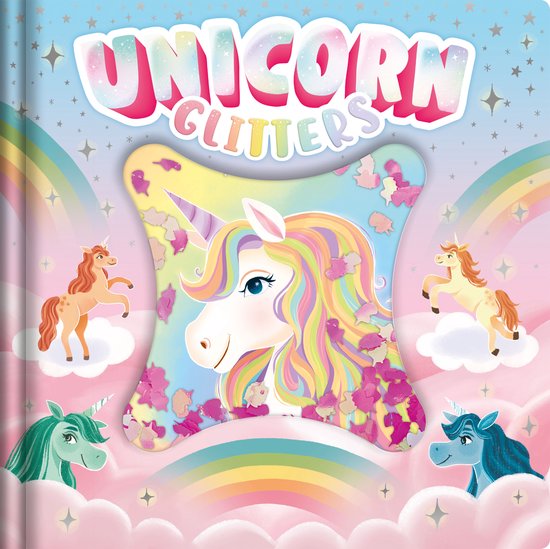 Titel: Unicorn Glitters. Close-up van een eenhoorn met veelkleurig haar en glitters.
