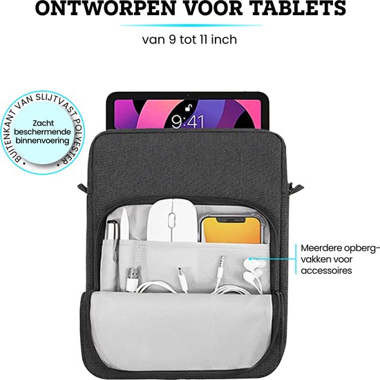 Somstyle Sac avec housse pour tablette adapté aux Tablettes de 9 à 11 pouces - Sac de transport avec bandoulière - Grijs