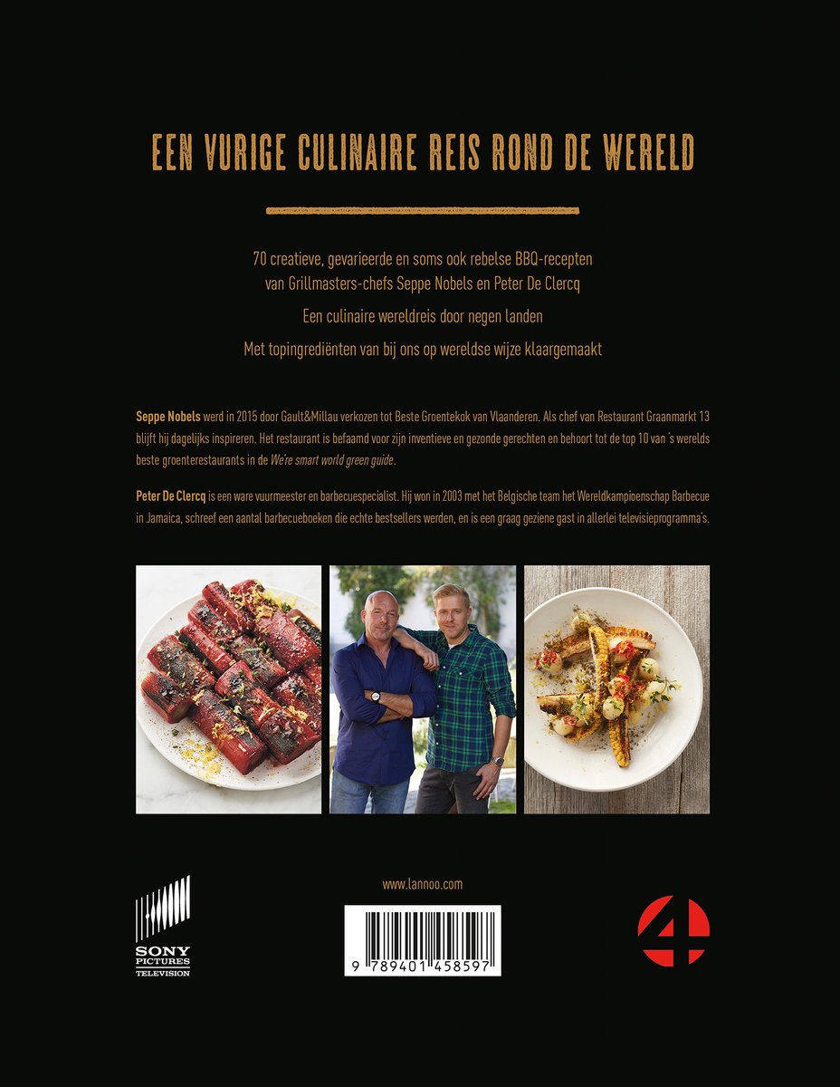 Achterkant boek 'Een vurige culinaire reis rond de wereld' met twee chefs, Peter De Clercq en Seppe Nobels, en gegrilde gerechten.