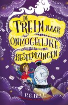 Boek kaft met de titel 'De Trein naar Onmogelijke Bestemmingen'. Een meisje zit op een stoomlocomotief, omringd door sterren en brieven.