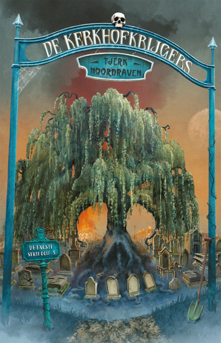 Een begraafplaats met een grote, kale boom met hangende takken, onder een blauw hek met tekst.