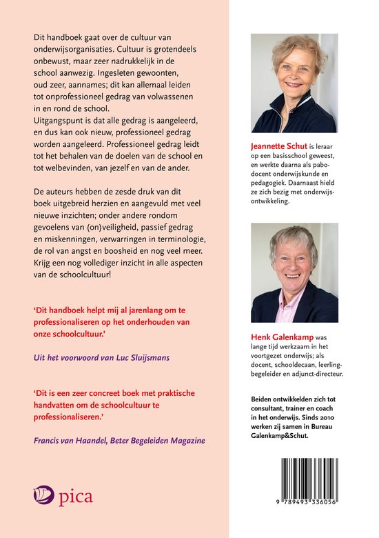 Achterzijde Handboek professionele schoolcultuur met foto's van Jeannette Schut en Henk Galenkamp.