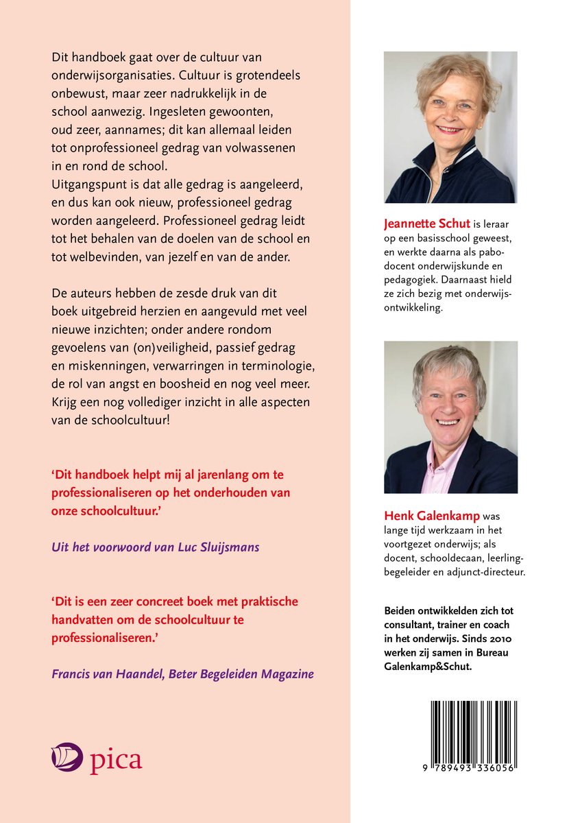 Achterzijde Handboek professionele schoolcultuur met foto's van Jeannette Schut en Henk Galenkamp.