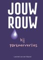 Boekomslag met de titel 'JOUW ROUW bij partnerverlies' in witte letters op een paarse achtergrond met een paarse traanvormige afbeelding.