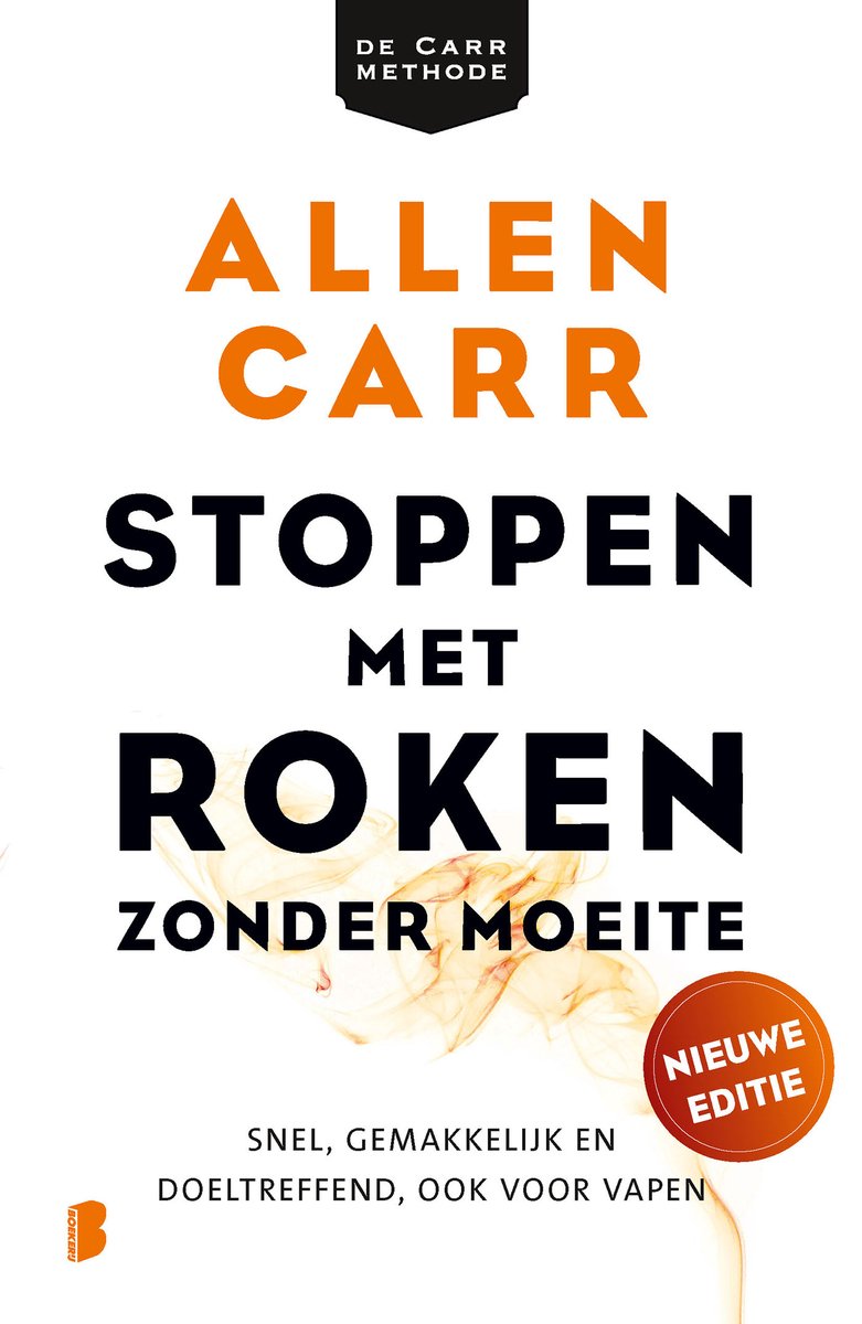 Boek "Stoppen met roken zonder moeite" van Allen Carr, met "Nieuwe editie" in rood.
