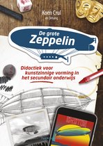 Boekomslag 'De grote Zeppelin' met afbeelding van een zeppelin, teksten en schoolspullen.