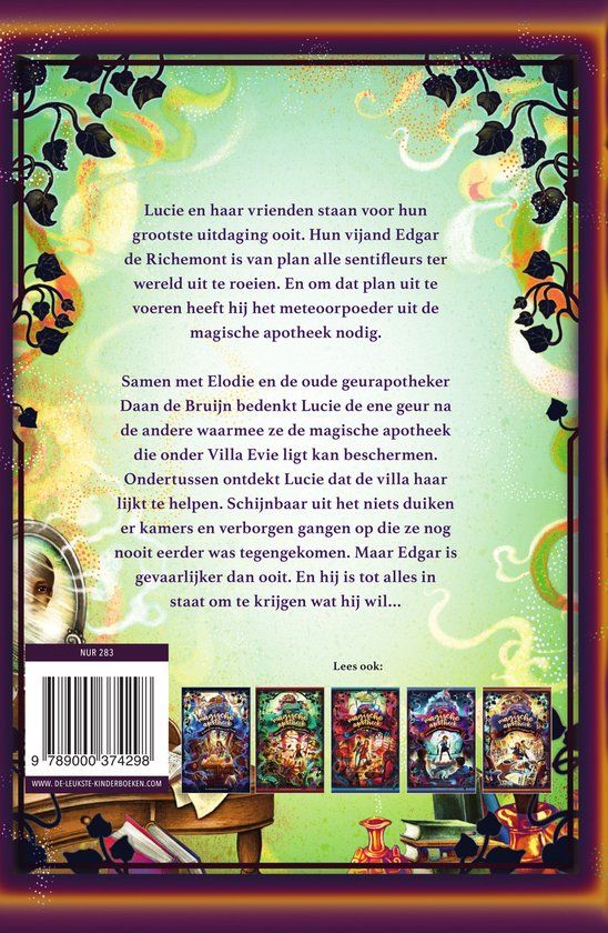 Achterkant van een boek met illustraties van vijf kleine boeken en tekst.