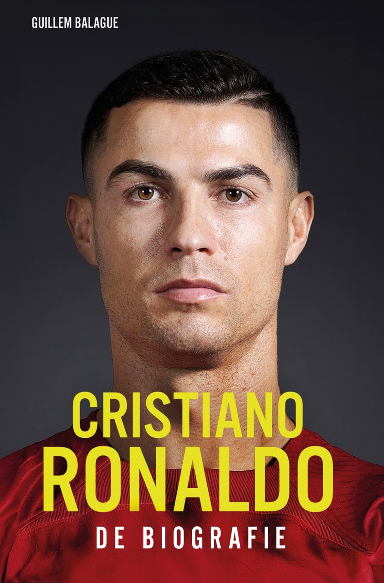 Portret van Cristiano Ronaldo in rood shirt, met de tekst "CRISTIANO RONALDO DE BIOGRAFIE".