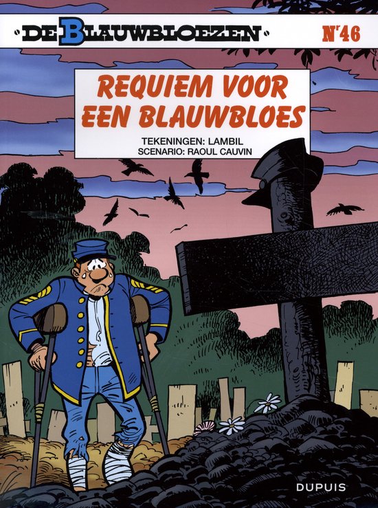 Stripboek 'De Blauwbloezen N°46', met een gewonde man op krukken voor een grafsteen.