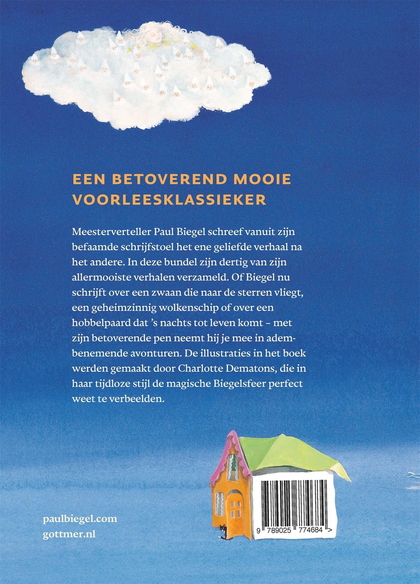 Achterkant van een boek met een blauwe lucht, een wolk, een huisje en tekst "EEN BETOVEREND MOOIE VOORLEESKLASSIEKER".