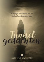 Boekcover "Tunnelgedachten" met een mysterieus silhouet van een meisje in een tunnel. Titel in grote letters.