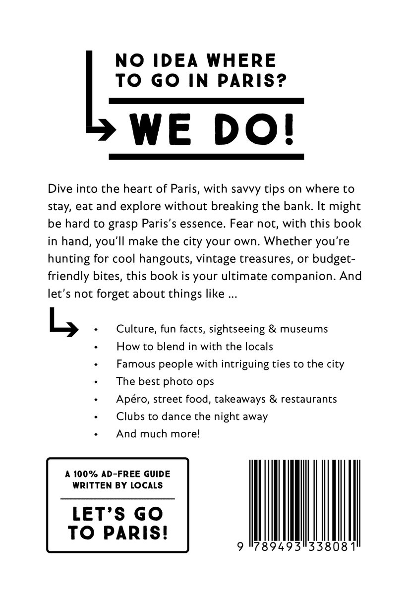 Achterkant van een boek met de tekst 'NO IDEA WHERE TO GO IN PARIS? WE DO!' en een beschrijving van de inhoud.