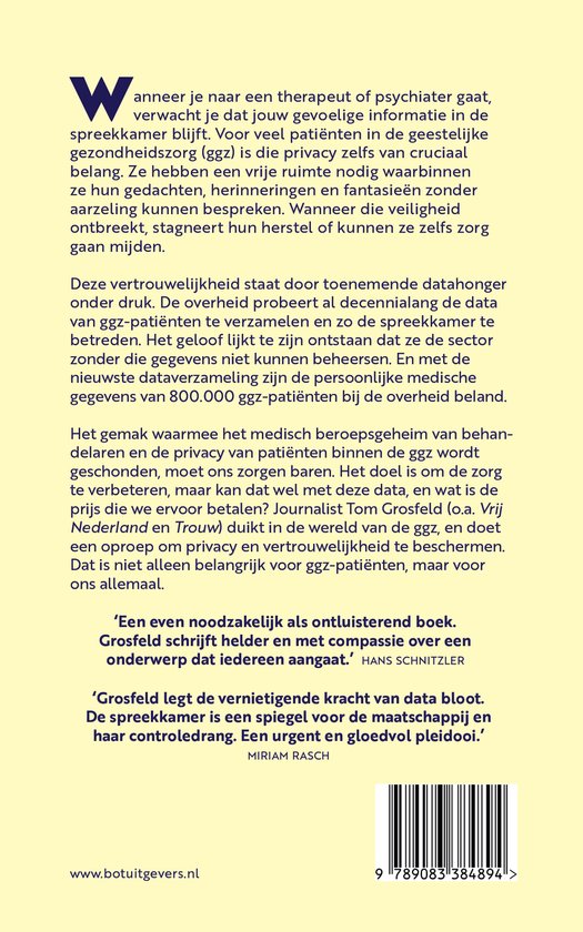 Achterzijde van het boek 'De spreekkamer is lek' met tekst en een barcode.
