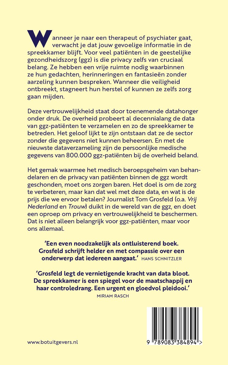 Achterzijde van het boek 'De spreekkamer is lek' met tekst en een barcode.