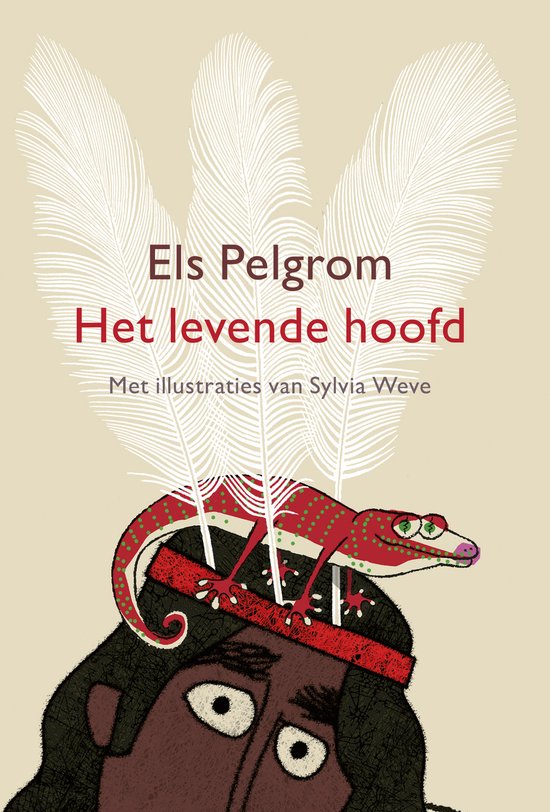 Boekcover met een rode hagedis op een hoofd met veren. "Els Pelgron Het levende hoofd"