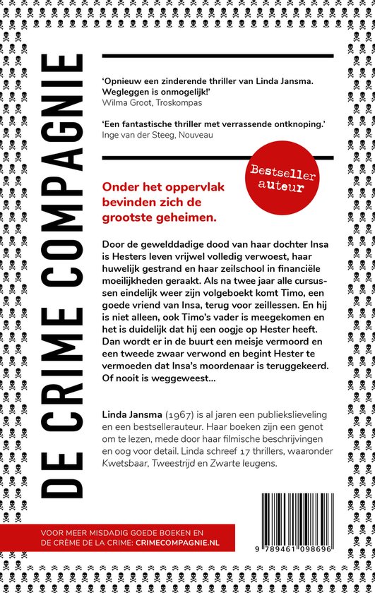Achterkant van een thrillerboek met schedelpatroon. Bevat recensies en auteurinformatie.