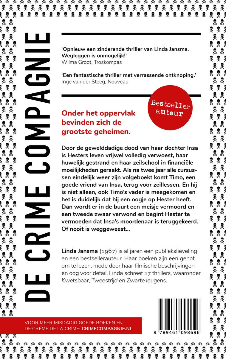 Achterkant van een thrillerboek met schedelpatroon. Bevat recensies en auteurinformatie.
