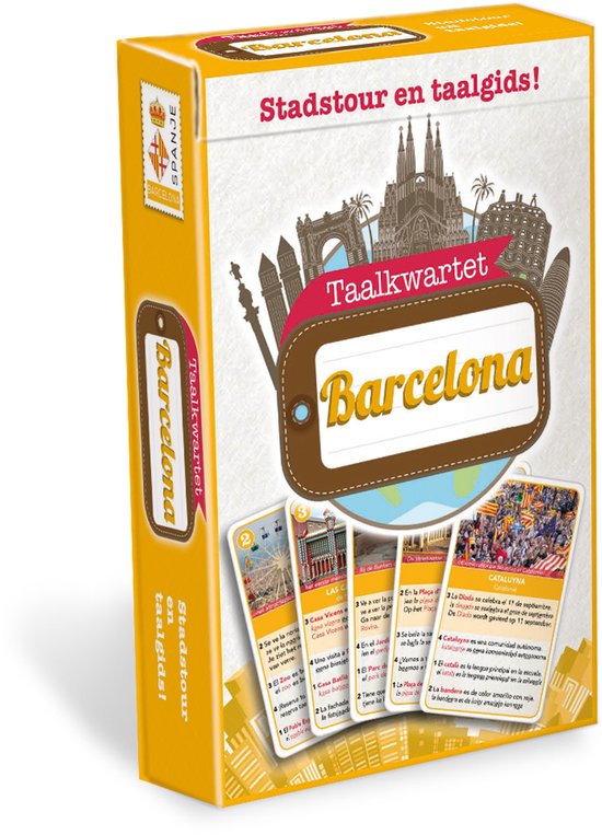 Doos van het spel Taalkwartet Barcelona, met afbeeldingen van stadsuitkijkjes en de tekst 'Barcelona Stadstour en taalgids!'