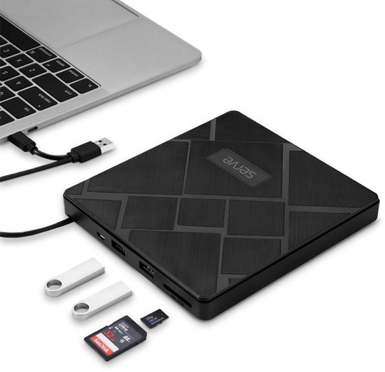 Serve 4-in-1 Externe CD / DVD Speler & Brander voor PC, Laptop & Mac iOS - Plug & Play - SD & Micro SD Kaartsleuf + USB Hub