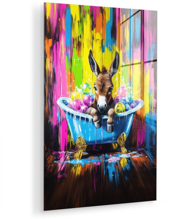 MuchoWow® Glasschilderij 60x90 cm - Schilderij acrylglas - Ezel - Badkuip - Roze - Schuim - Foto op glas - Muurdecoratie woonkamer - Wanddecoratie slaapkamer - Schilderijen