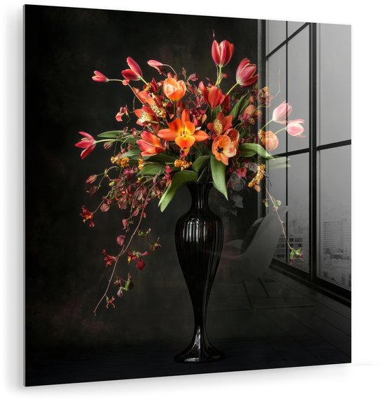 MuchoWow® Glasschilderij 90x90 cm - Schilderij acrylglas - Sierlijk - Boeket - Vaas - Foto op glas - Muurdecoratie woonkamer - Wanddecoratie slaapkamer - Schilderijen