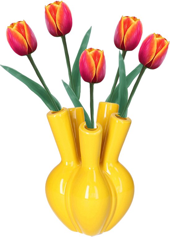 Vase à fleurs - vase tulipe - jaune - céramique - 12 x 18 cm - vase corne