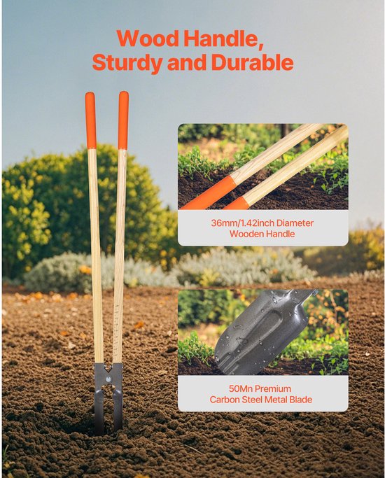 Grondspade, robuuste handmatige grondspade met metalen blad en schaalverdeling, gereedschap met houten handvat voor tuinieren en tuinieren, 57,5 inch — afbeelding 4