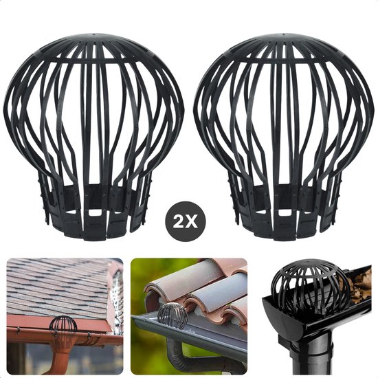 Cheqo® Boldraadrooster Set - Dakgootbeschermer - Regenpijp Beschermkap - Bladvanger 2 Stuks - Dakgoot Bescherming Zwart - Kunststof