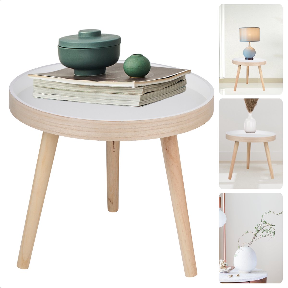 Cheqo Ronde Bijzettafel Wit - Nachtkastje - Rond Tafeltje - Bijzet Tafel - Salontafel - Modern Design - Hout - Stijlvol en Functioneel