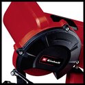 Detail van de behuizing van de rode Einhell kettingslijper met zwarte deksel.