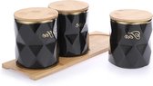 Boîtes à sucre, café, thé en céramique noire avec couvercle et plateau - Lot de 3 boîtes hermétiques pour la conservation des aliments - Bocaux avec couvercle en bambou pour comptoir