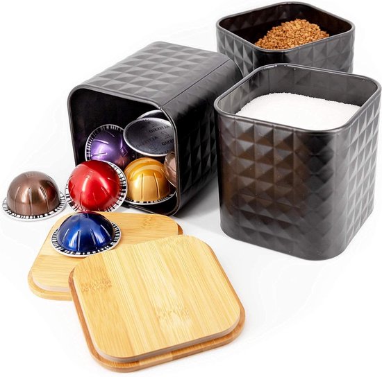 Ensembles de boîtes à thé, café et sucre avec couvercles hermétiques en bambou - ensembles de bidons de cuisine pratiques - cafetière - pot à biscuits - sucrier