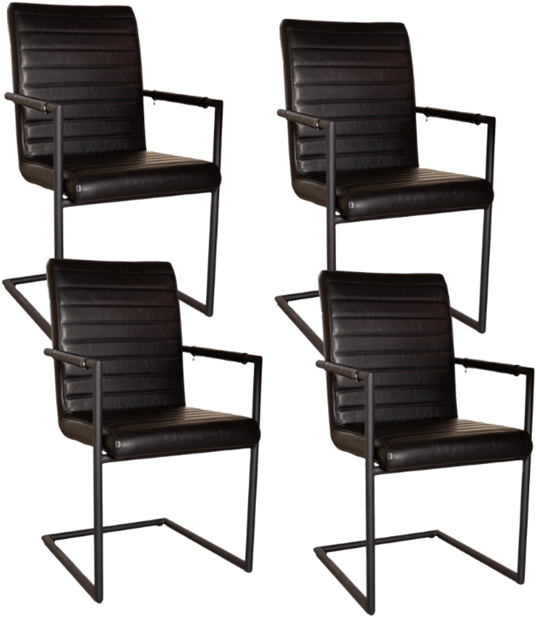 Dimehouse Set van 4 Eetkamerstoelen Bras Industrieel Zwart - Met Armleuningen - Kunstleer - Industrieel