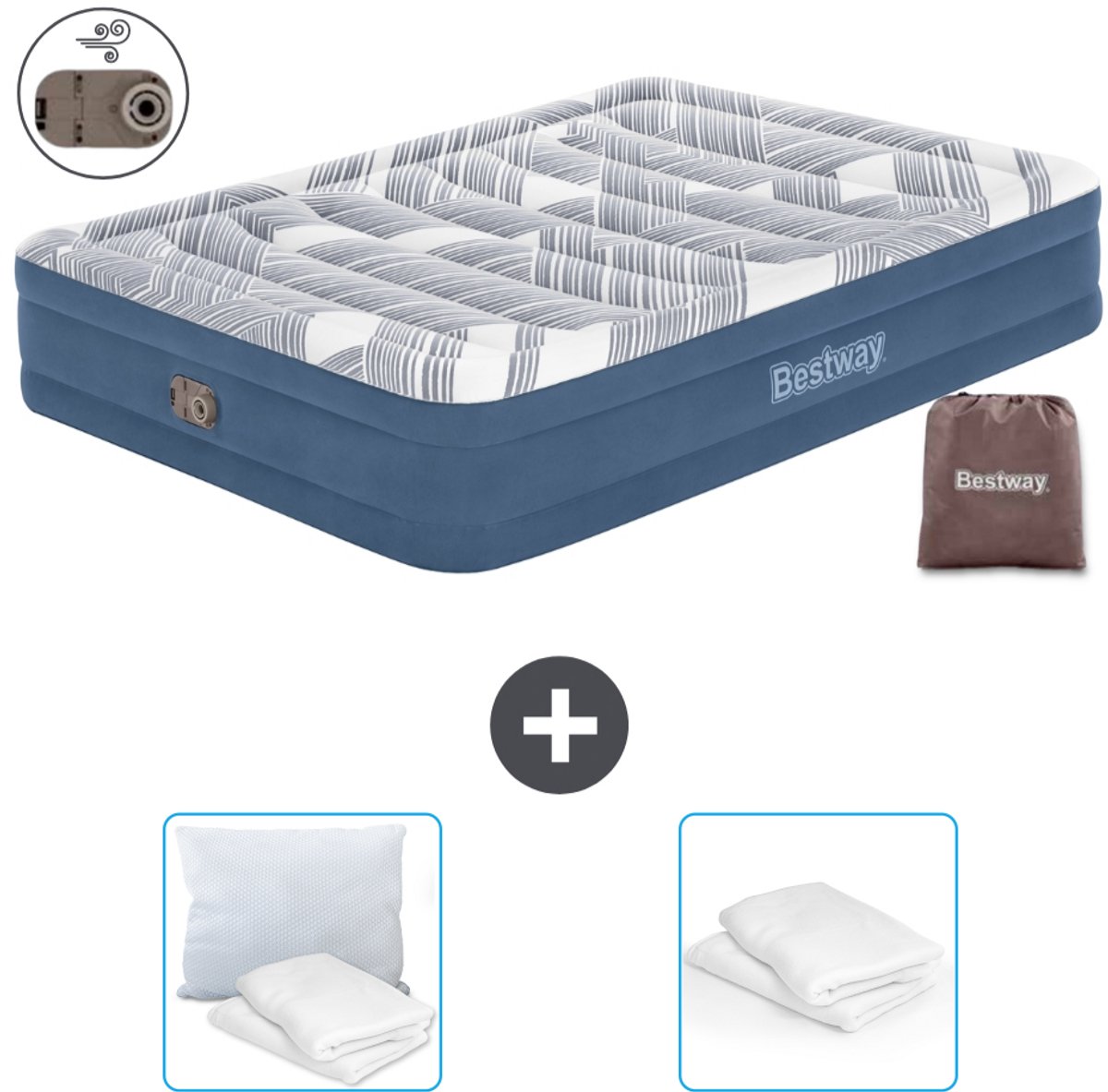 Bestway luchtbed - 2-Persoons - 152 x 203 x 36 cm - Blauw - Inclusief pomp - Kussen en Kussenbeschermer