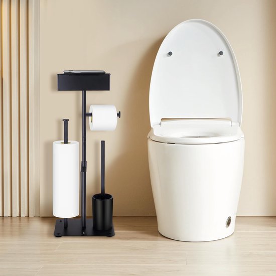 IBUYKE TLJ020W Vrijstaande toiletpapierhouderstandaard met opbergplank, badkamer toiletpapier roldispenser met extra ruimte voor rollen, tijdschriften, natte doekjes wit TLJ020W