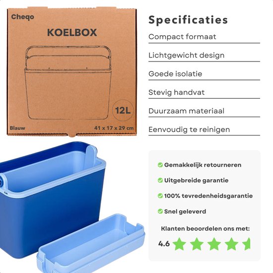 Cheqo® Koelbox - Frigobox - Coolbox - 12 Liter - Smal Model - Ideaal voor Picknick - Compact en Blauw van Merkloos — afbeelding 2