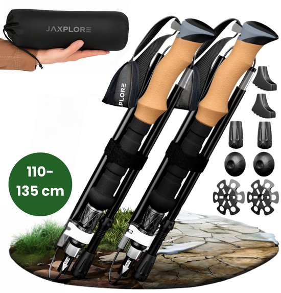 Jaxplore Nordic Walking Stokken - Wandelstokken - Telescopisch verstelbaar en Opvouwbaar - 110-135cm - Luxe polsriem - Trekkingstokken - Zwart