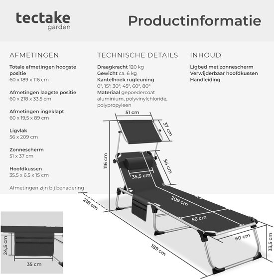 tectake® Ligbed Aurelie met zonneluifel en hoofdkussen - Ligstoel - Zonnebed - Opklapbare balkonligstoel van aluminium - Weerbestendige tuinligstoel voor tuin, balkon, camping en strand - Verstelbare rugleuning met kussen - Zwart van Merkloos — afbeelding 5